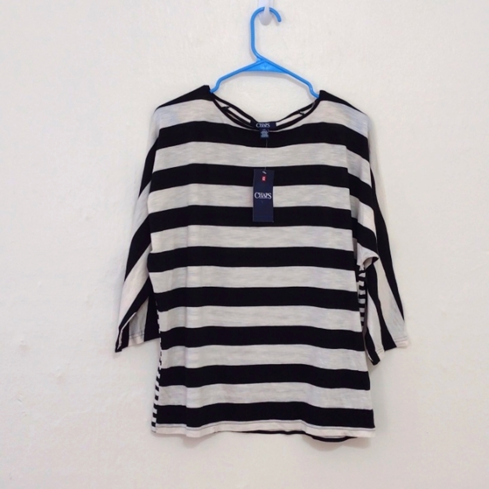 Chaps Navy & White Striped 3/4 Dolman Sleeve Pullover Top Size L NWT